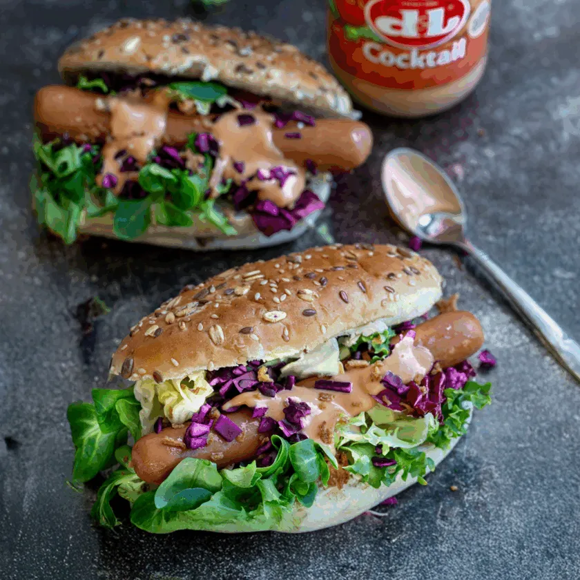 Hot dog avec chou rouge et sauce cocktail