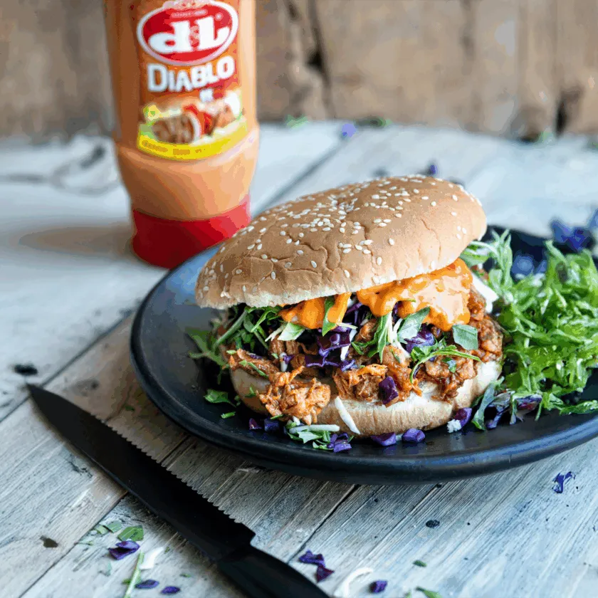 Burger de poulet effiloché avec sauce diablo