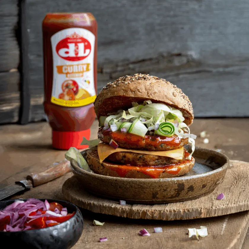 Burger végétarien avec ketchup au curry
