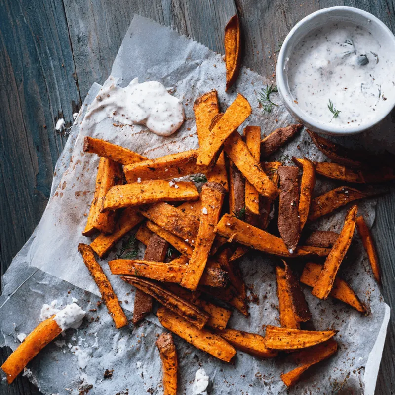 Pikante zoete aardappel uit de oven met knoflooksaus
